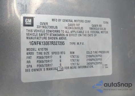 2007 Chevrolet Tahoe Ls из США, поврежденный, VIN 1GNFK13087R327295